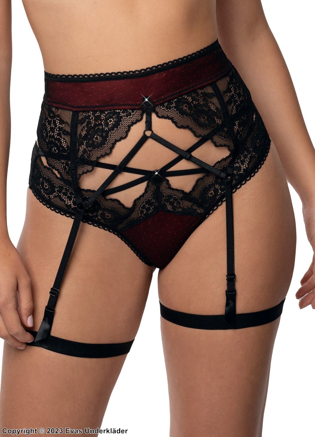 Garter belt and panty, floral lace, crossing straps